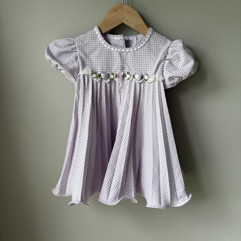 Vintage Jessica Ann Dress Toddler 18 Months Purple Floral, Puff Sleeves, Gingham